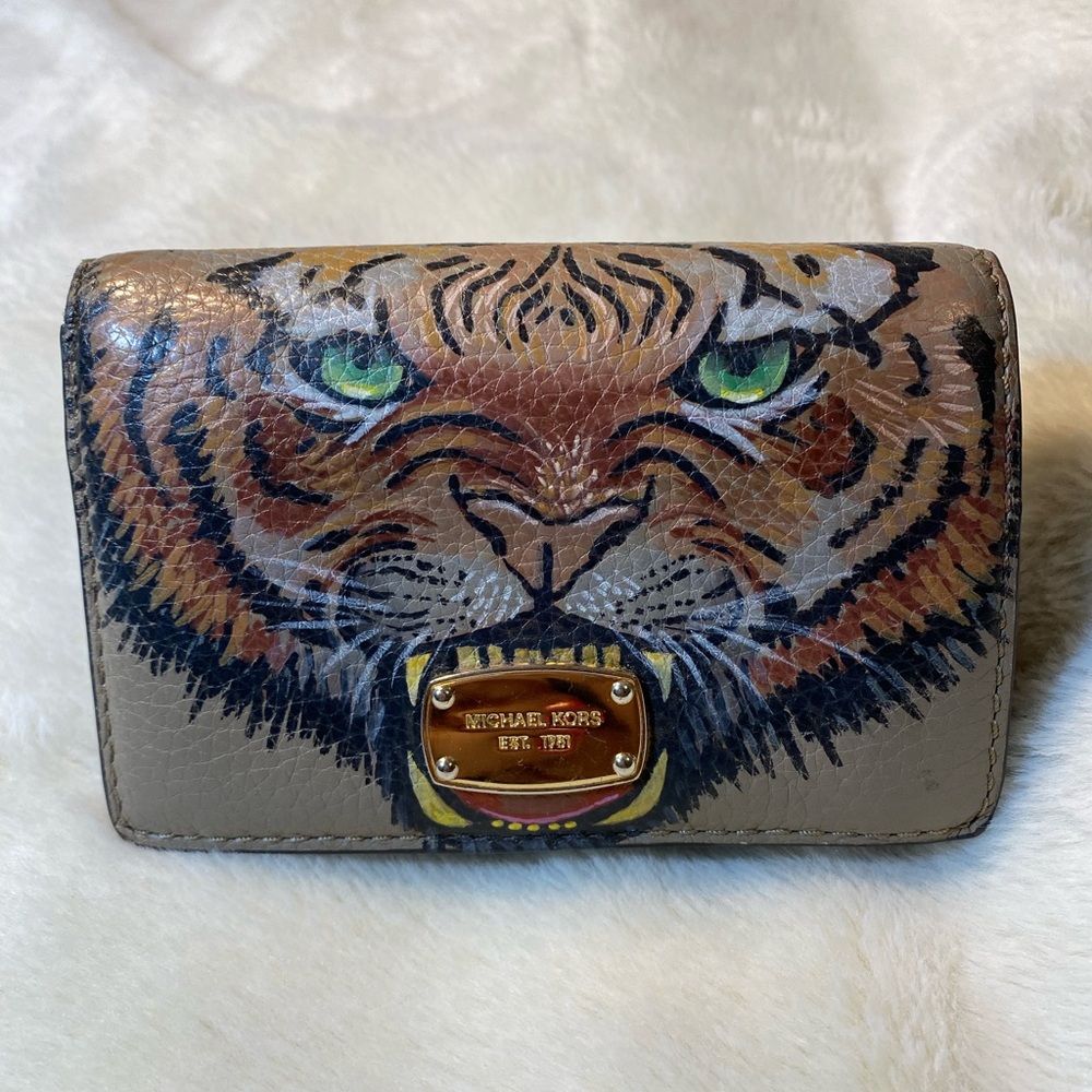 One Hot Kitten Hand Painted MK Wallet EUC Tan